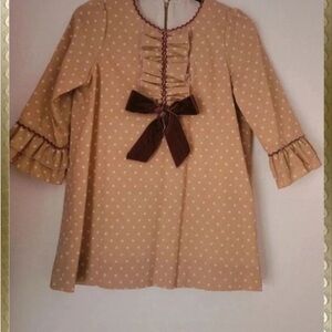 Adorable Tan Polka Dot Kids Dress with Brown Bow
